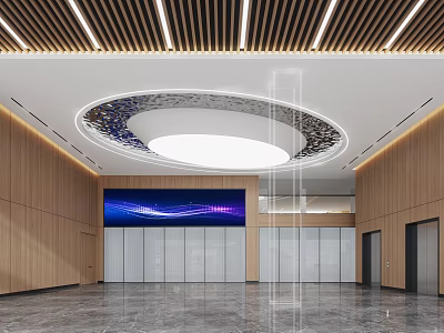 School Lobby Interior With Wooden Walls Circular Ceiling Light Digital Screen Elevators And Marble Floor 3d model