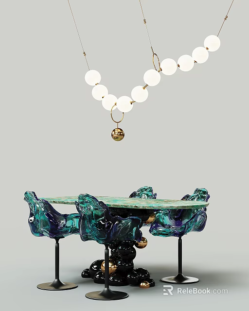 Modern Teal Dining Table Set With Chairs And White Gold Chandelier 3d model 