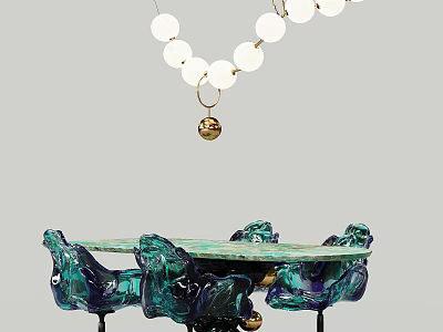 Modern Teal Dining Table Set With Chairs And White Gold Chandelier 3d model