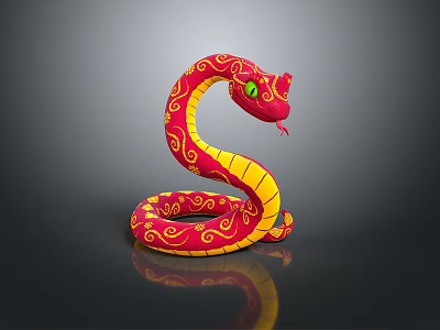 Red and Yellow Patterned Reptile Snake with Green Eyes and Coiled Body 3d model