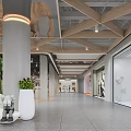 Modern Mall Lobby Interior With Wooden Ceiling And Potted Plants