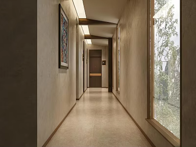 Modern Hotel Corridor Interior With Recessed Lighting Wall Art And Large Windows 3d model