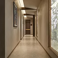 Modern Hotel Corridor Interior With Recessed Lighting Wall Art And Large Windows
