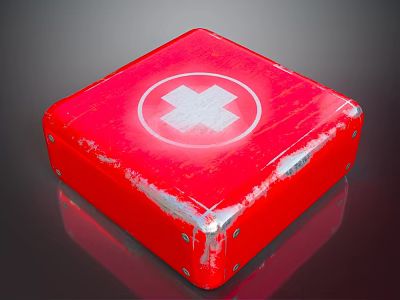 Red Industrial Equipment Box With White Cross Symbol And Worn Surface For Workplace Safety 3d model
