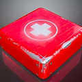 Red Industrial Equipment Box With White Cross Symbol And Worn Surface For Workplace Safety