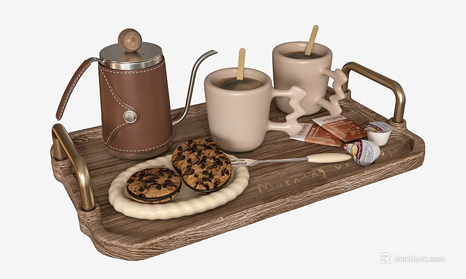 Two Mugs With Wooden Spoons On Wooden Tray Alongside Coffee Pot Cookies And Chocolate Bar 3d model 