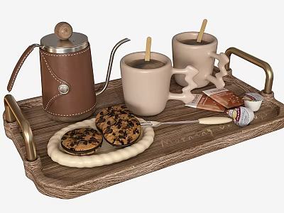 Two Mugs With Wooden Spoons On Wooden Tray Alongside Coffee Pot Cookies And Chocolate Bar 3d model