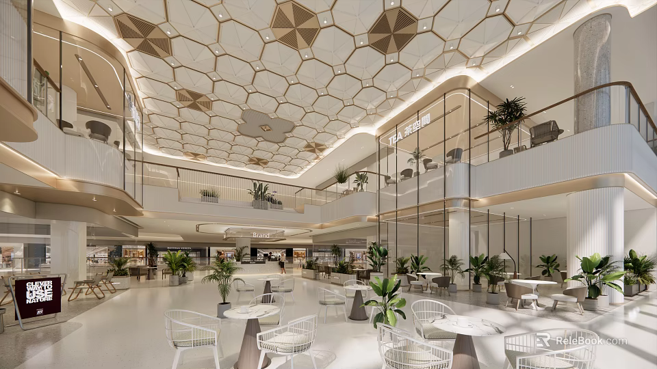 Modern Shopping Mall Store Interior With Hexagonal Ceiling Green Plants And Seating Tables 3d model