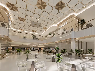 Modern Shopping Mall Store Interior With Hexagonal Ceiling Green Plants And Seating Tables 3d model