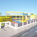 Yellow White School Building Featuring Circular Design Green Roof Colorful Playground And Children Playing Area