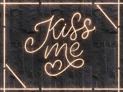 Neon Light Fixture Combination With Border Kiss Me Lettering Heart Symbol Handwritten On Black Stone Wall 3d model