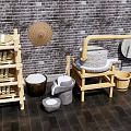 Rural Landscape Traditional Tools Display Featuring Stone Mill Bamboo Shelf and Straw Hat