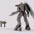 3D Model of Mech Robot With Shield and Small Aircraft in Scene
