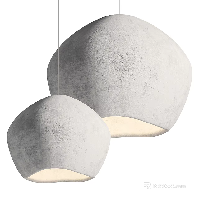 Two Gray Concrete Dome Shaped Chandeliers With Textured Surface And Warm Light Glow 3d model 