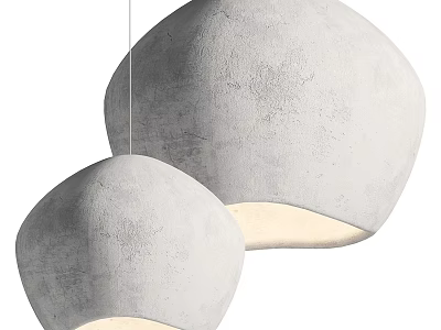Two Gray Concrete Dome Shaped Chandeliers With Textured Surface And Warm Light Glow 3d model