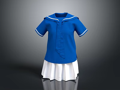 Classic Blue Sailor Short Sleeve Top With White Pleated Skirt Outfit 3d model