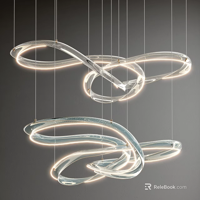 Modern Curved LED Chandelier With Transparent Acrylic Rings And Hanging Lighting Design 3d model 