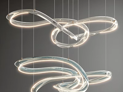 Modern Curved LED Chandelier With Transparent Acrylic Rings And Hanging Lighting Design 3d model