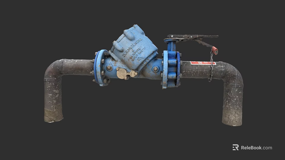 Rusty Industrial Metal Pipe System With Blue Valve And Mechanical Fittings 3d model 