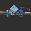 Rusty Industrial Metal Pipe System With Blue Valve And Mechanical Fittings