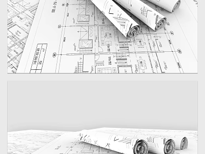 Architectural Blueprint Rolled Plans With Design Details And Construction Drawings 3d model