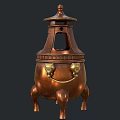 Antique Copper Stove with Ornate Lid Carved Patterns Lion Head Handles and Burning Embers
