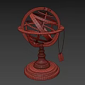 Vintage Brass Armillary Sphere With Intricate Metal Structure And Red Wooden Base