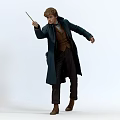 Game and Movie Character In Dark Long Coat With Brown Vest Holding Wand Casting Spell