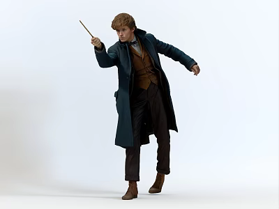 Game and Movie Character In Dark Long Coat With Brown Vest Holding Wand Casting Spell 3d model