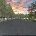 Beautiful Garden Landscape With Neat Tree Lined Avenue Under Stunning Colorful Sunset Dusk Scenery