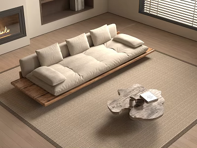 Modern Beige Fabric Wooden Frame Sofa and Irregular Wooden Coffee Table in Natural Living Room 3d model