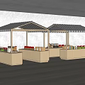 Wooden Retail Booths With Striped Awnings Displaying Various Merchandise On Shelves