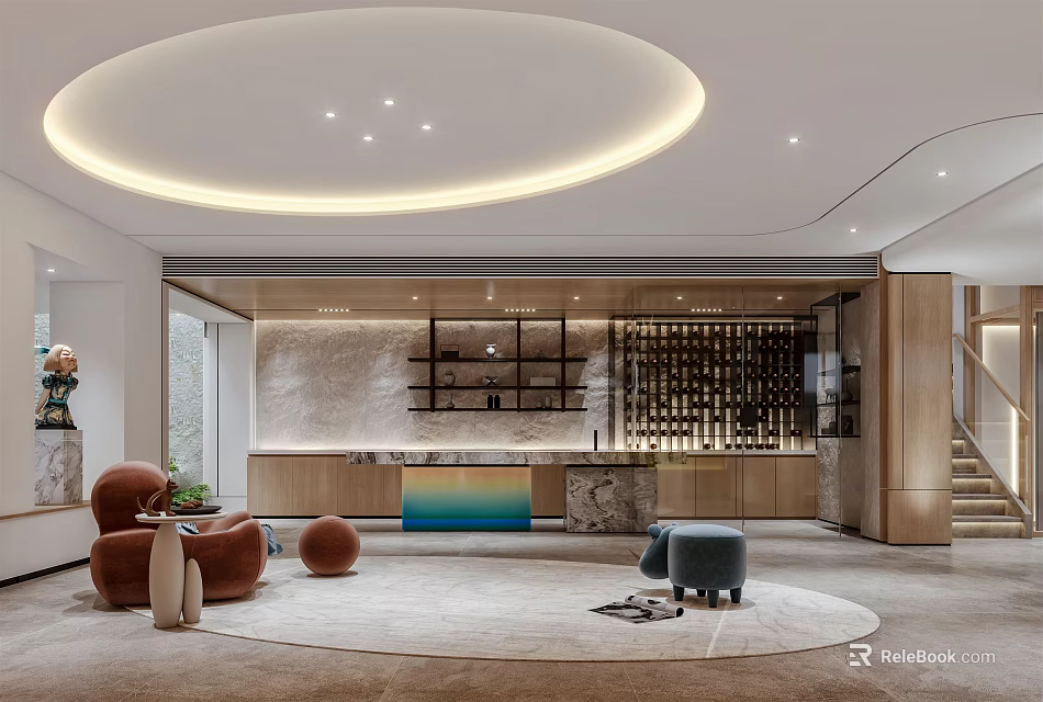 Modern Bar Interior Design With Sleek Counter Wine Display Shelves And Lounge Seats 3d model 