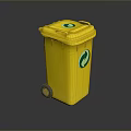 Yellow Trash Bin With Wheels And Green Recycle Logo On Lid