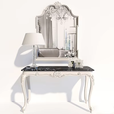 Elegant White Carved Dressing Table With Black Marble Top Table Lamp And Mirror 3d model