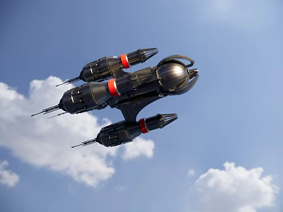 Sci Fi Spaceship With Black Red Details Flying In Blue Sky With White Clouds 3d model