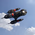 Sci Fi Spaceship With Black Red Details Flying In Blue Sky With White Clouds