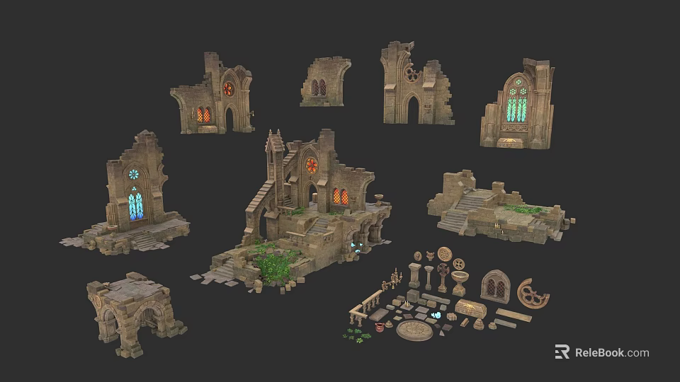 European Architectural Ruins With Arches Stained Glass Windows Stone Steps And Greenery 3d model 