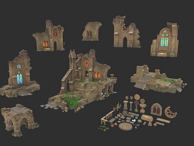 European Architectural Ruins With Arches Stained Glass Windows Stone Steps And Greenery 3d model