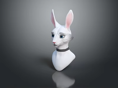 White Rabbit Head Sculpture With Pink Ears Blue Eyes And Black Collar On Grey Background 3d model