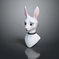 White Rabbit Head Sculpture With Pink Ears Blue Eyes And Black Collar On Grey Background