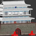 Ancient Traditional Architecture Multi story Gate Tower With Gray Tiled Roof Red Walls And Stone Lions
