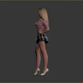 Woman in pink cropped top plaid skirt with sunglasses white high heels against gray background