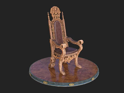 Ornate Wooden Leather Leisure Chair With Intricate Carvings On Circular Platform 3d model