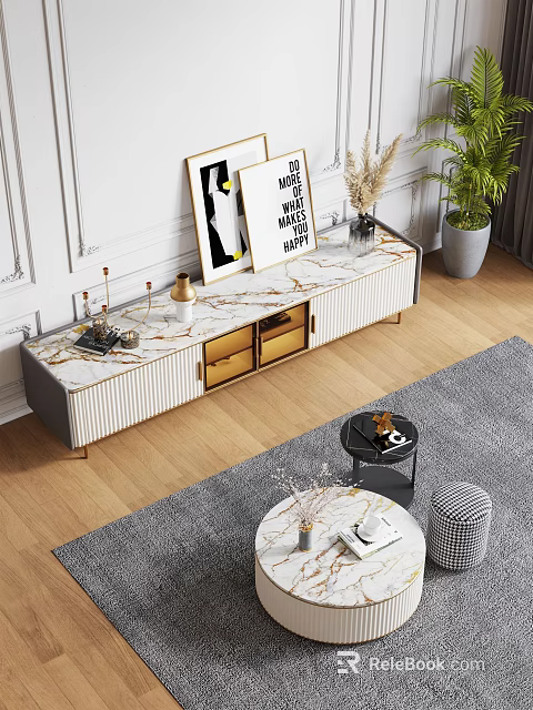 Elegant Modern TV Stand With Marble Top Golden Drawers And Decorative Paintings Near Potted Plant 3d model 