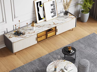 Elegant Modern TV Stand With Marble Top Golden Drawers And Decorative Paintings Near Potted Plant 3d model