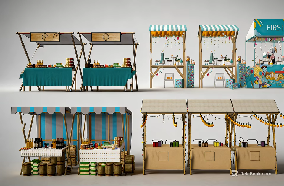 Colorful Market Stalls With Striped Awnings And Display Tables For Items 3d model 