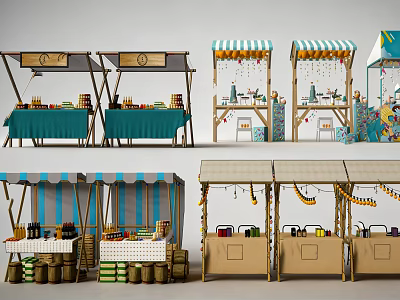 Colorful Market Stalls With Striped Awnings And Display Tables For Items 3d model