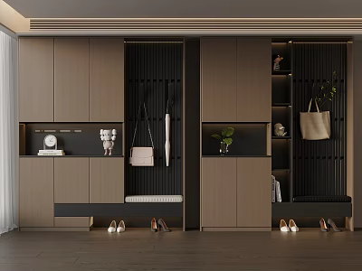 Modern Entryway Design With Wooden Cabinetry Shoe Storage Coat Hooks And Plants 3d model