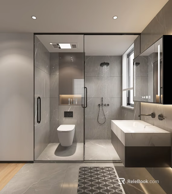 Modern Bathroom Interior With Glass Shower Enclosure Marble Sink And Gray Tiles 3d model 